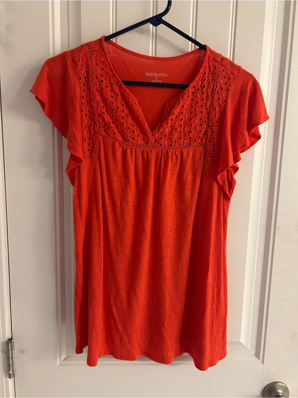 Merona Coral Orange Eyelet Flutter Sleeve Boho Tunic Top Medium